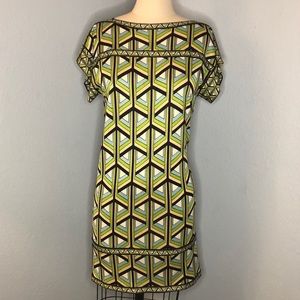 DVF Green Blue Silk Jersey geometric Shift Dress